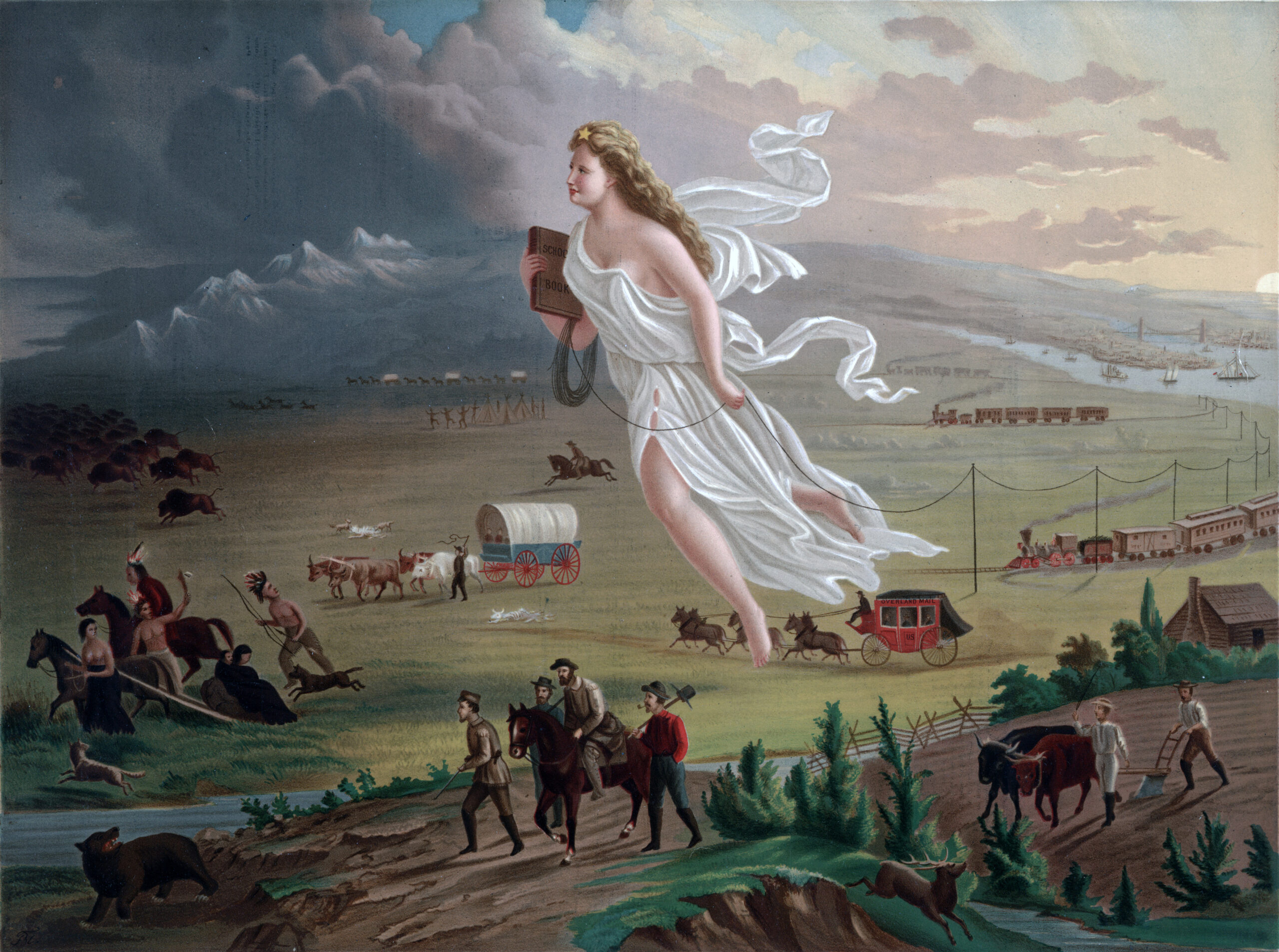 Progresso Americano, 1872, de John Gast. Esta pintura é uma representação alegórica do Destino Manifesto. Na cena, uma mulher angelical, algumas vezes identificada como Colúmbia, (uma personificação dos Estados Unidos do século XIX)