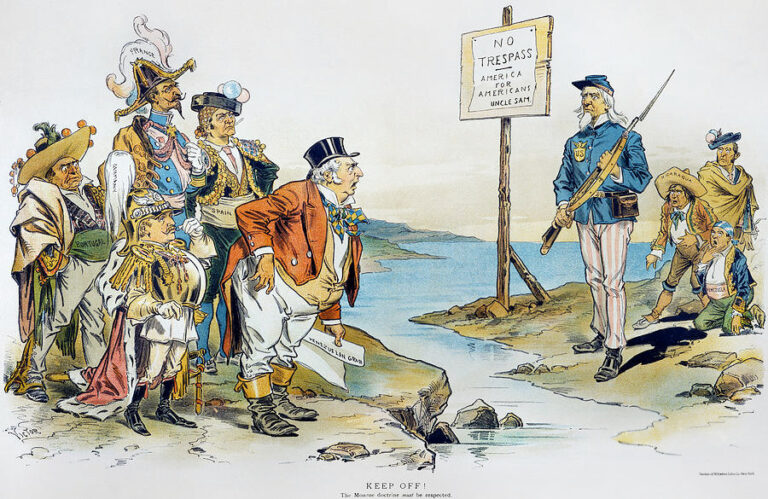 Caricatura política de Victor Gillam de 1896 retratando o Tio Sam em pé com um rifle entre os europeus e latino-americanos